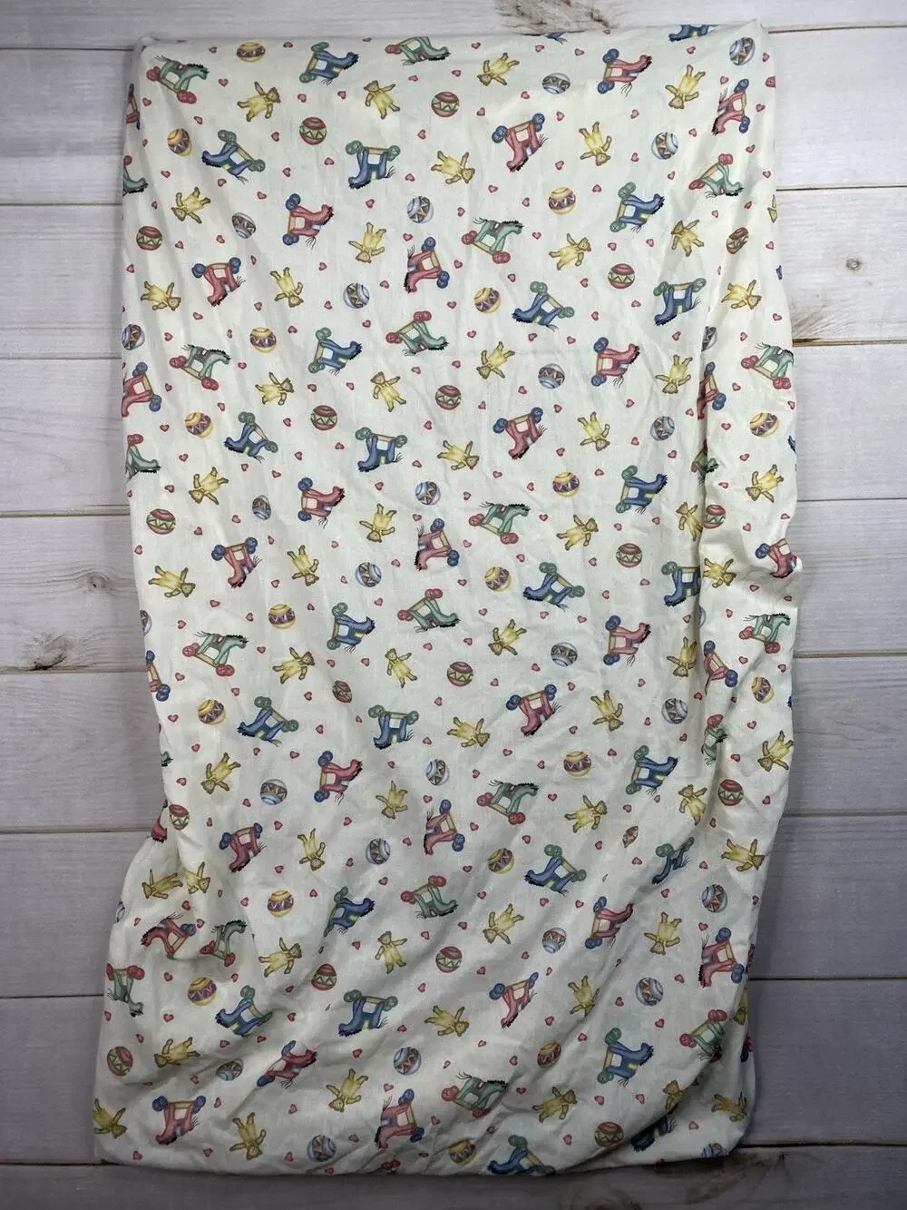 Vintage Lambs & Ivy Crib Sheet Hearts Rolling Horse Balls Teddy Bears Baby 90s